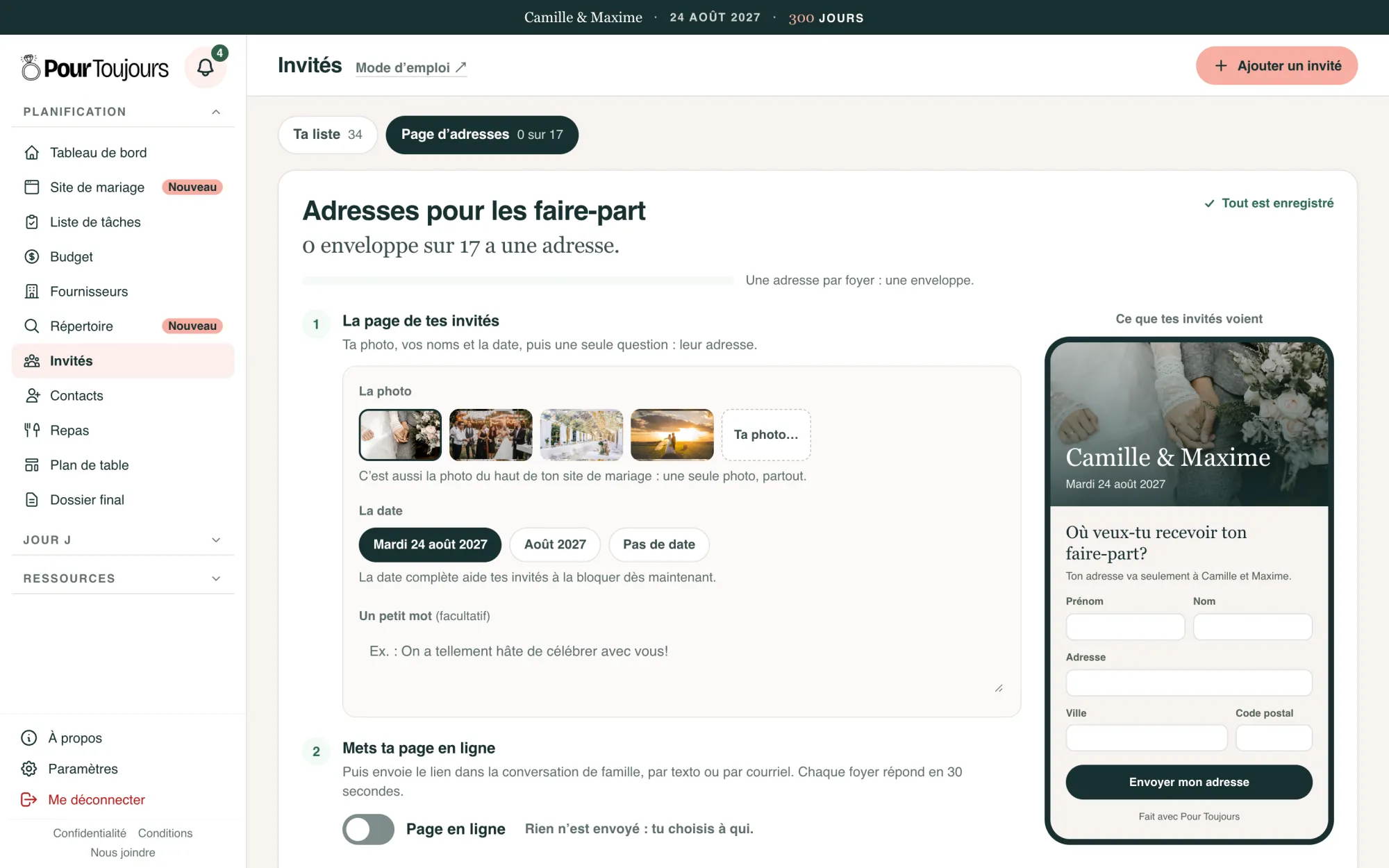 La page d’adresses et ce que les invités voient sur leur téléphone