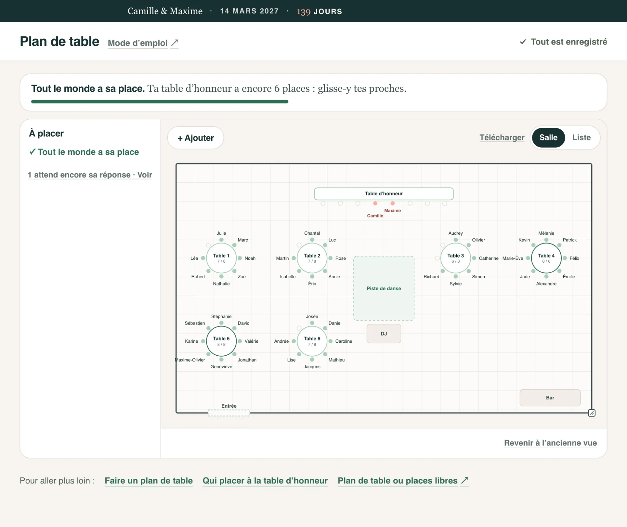 Le plan de table dessiné comme la salle