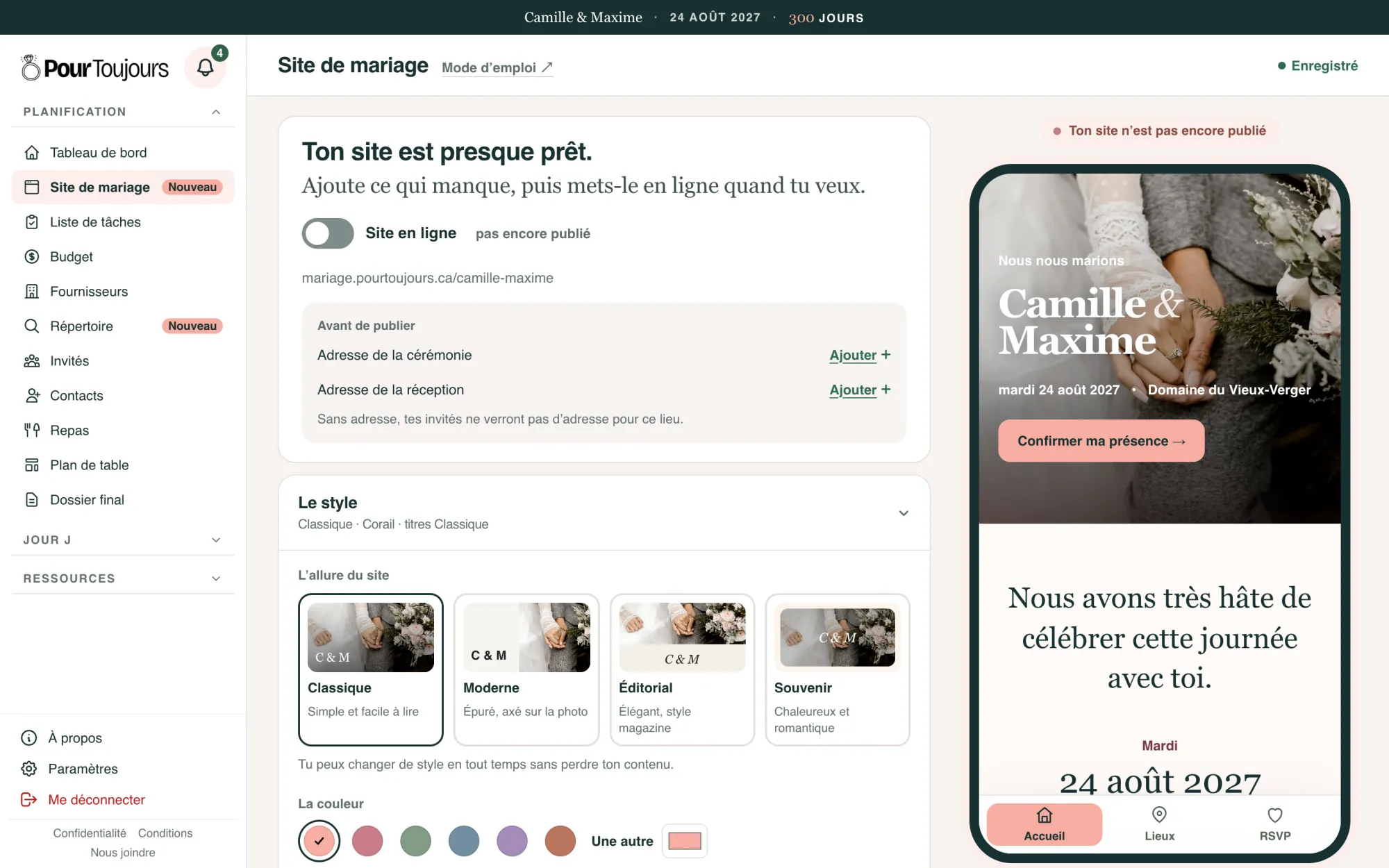 L’éditeur du site de mariage, avec l’aperçu sur téléphone