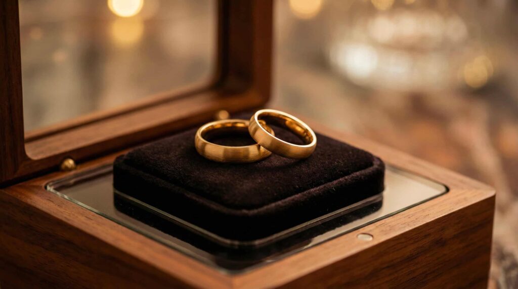 Paire d'alliances de mariage élégantes sur un présentoir de bijouterie au Québec