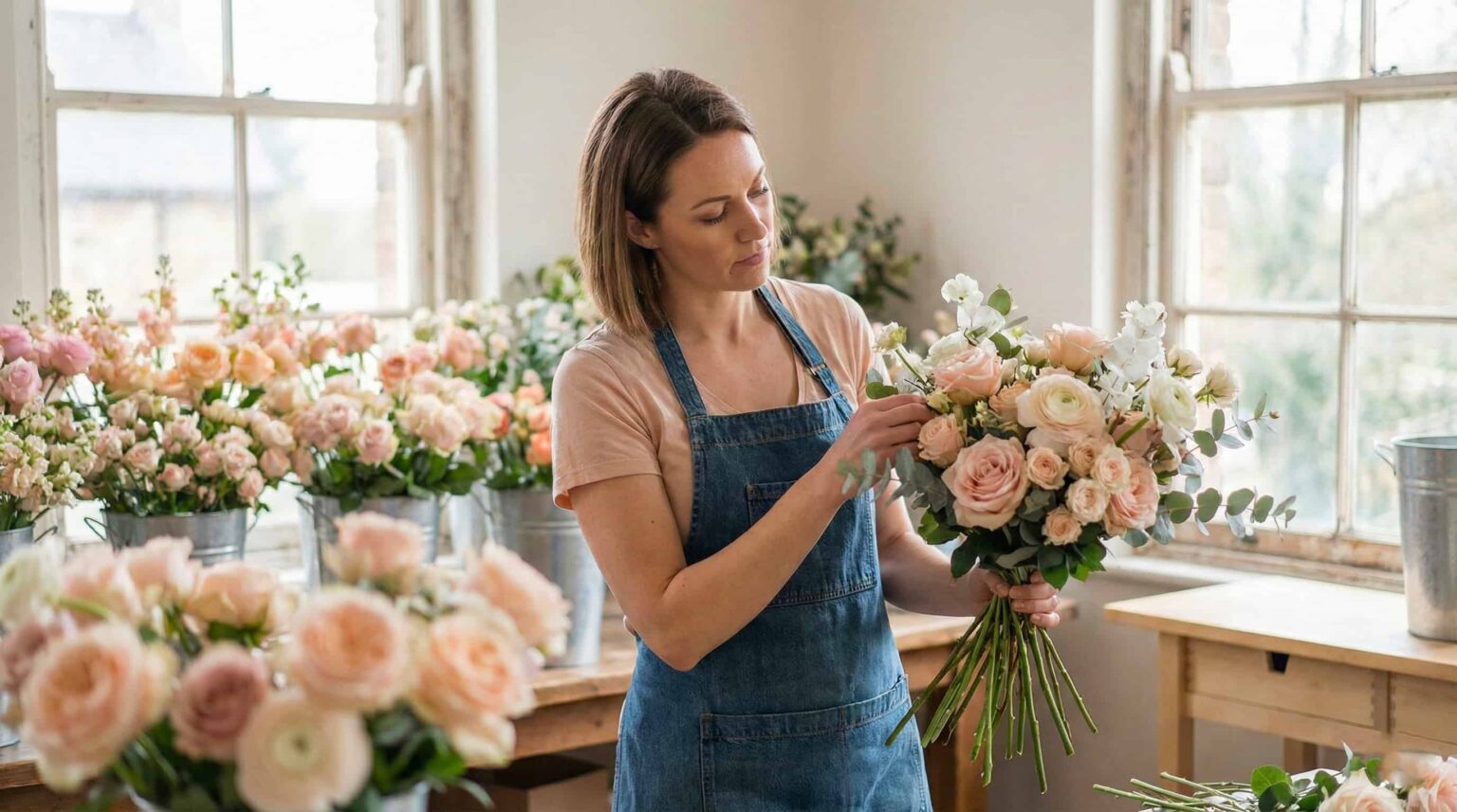 Fleuriste créant un bouquet de mariée avec des fleurs fraîches au Québec