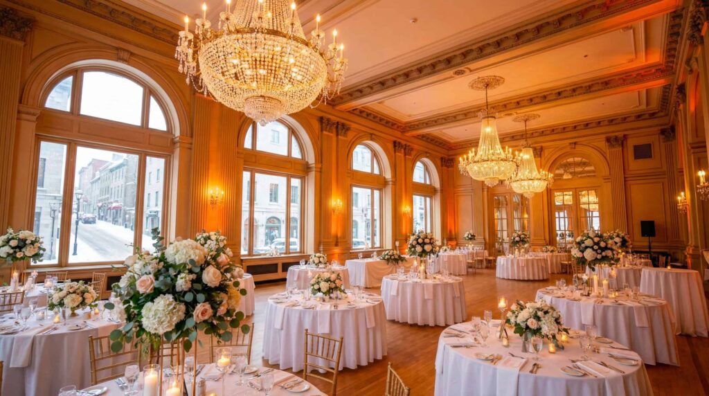 Salle de réception de mariage élégante décorée pour un événement au Québec