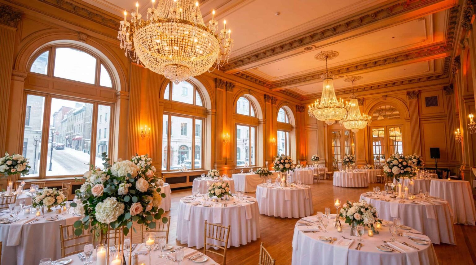 Salle de réception de mariage élégante décorée pour un événement au Québec