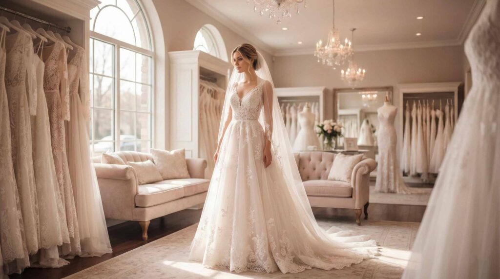 Mariée portant une magnifique robe de mariée dans une boutique au Québec