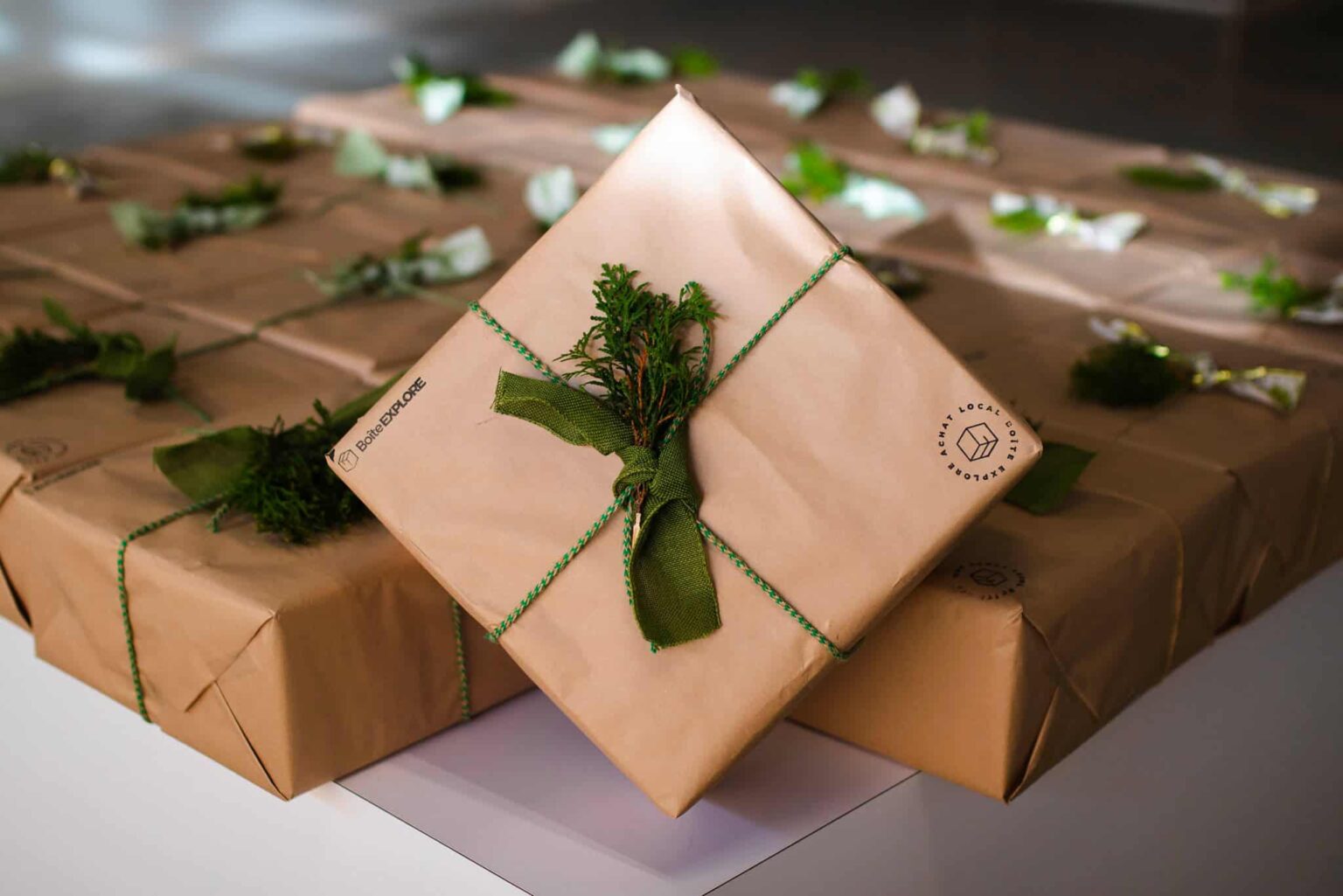 Boîtes cadeaux en carton décorées d'une branche verte