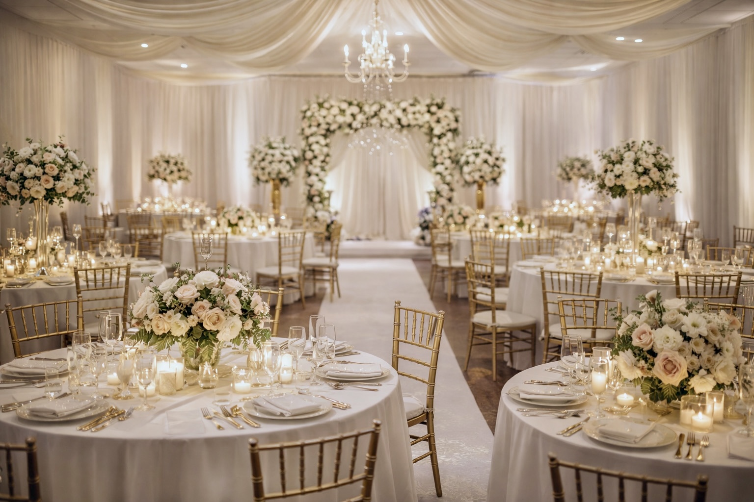 Salle de réception avec tables rondes, fleurs blanches et arche fleurie