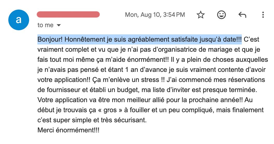 Courriel d'une utilisatrice satisfaite qui décrit Pour Toujours comme son meilleur allié pour l'année à venir