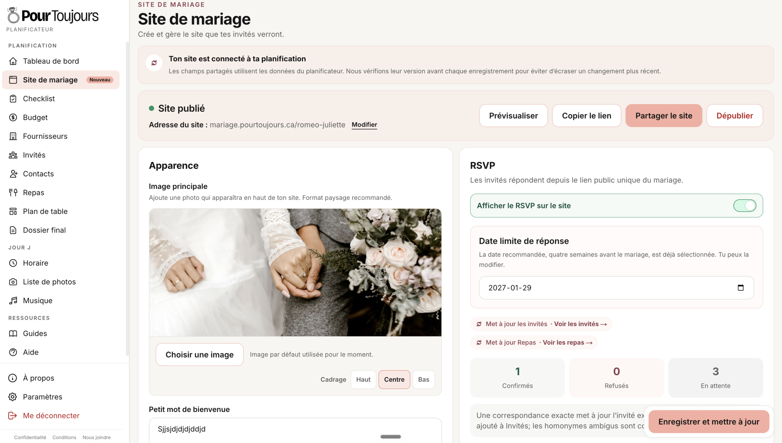 Aperçu d'un site de mariage créé avec Pour Toujours pour partager les informations et recevoir les confirmations de présence