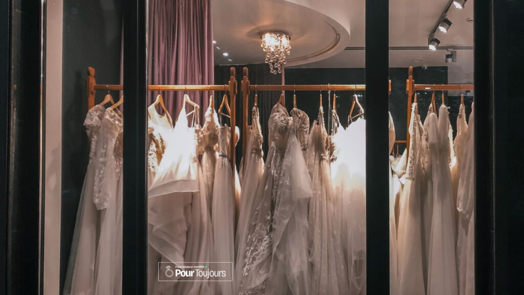 Vitrine d'une boutique de robes de mariée avec l'autocollant Fournisseur certifié Pour Toujours