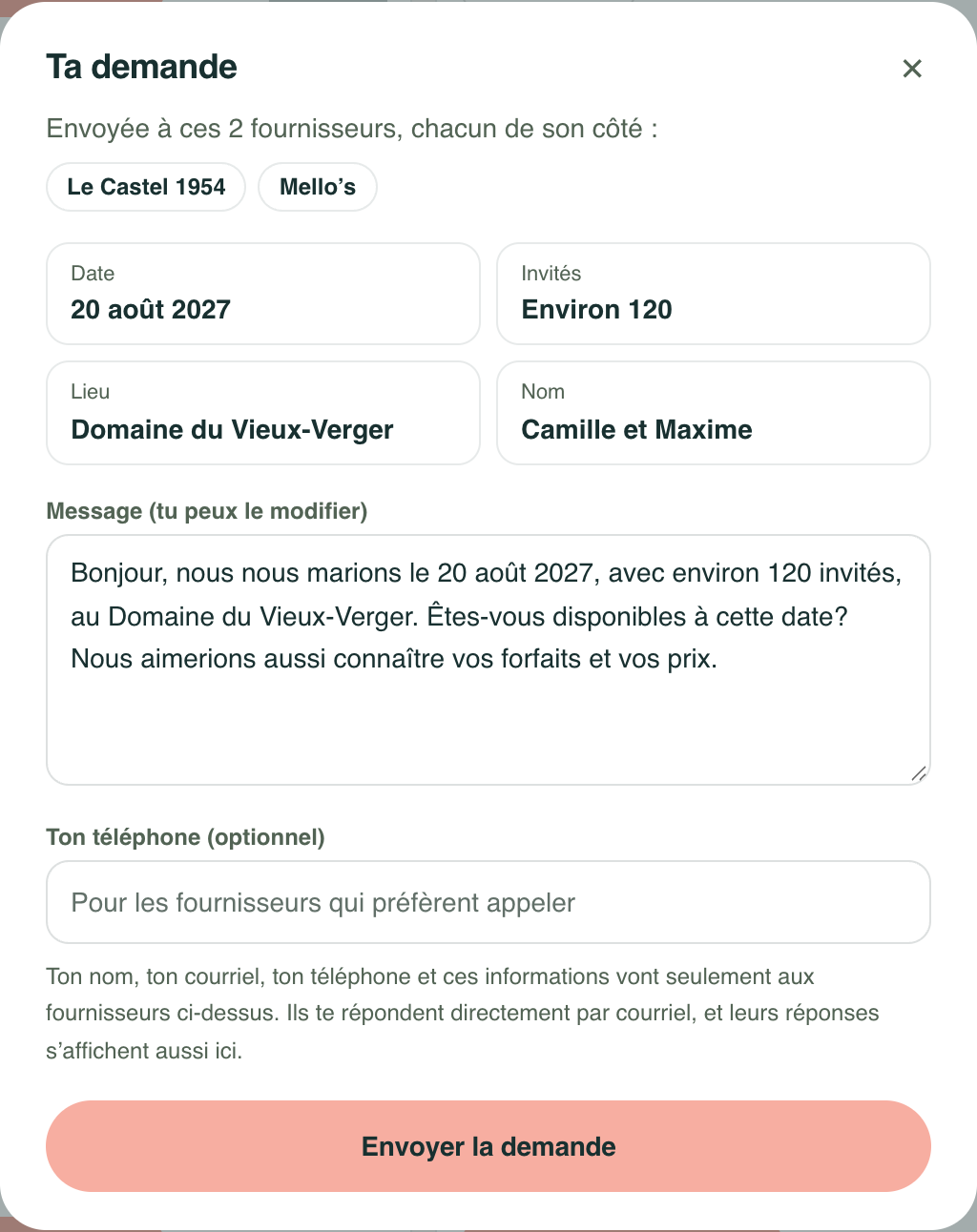 Fenêtre Ta demande : les deux fournisseurs choisis, la date, le nombre d'invités, le lieu, les noms, le message modifiable, le téléphone optionnel et le bouton Envoyer la demande.