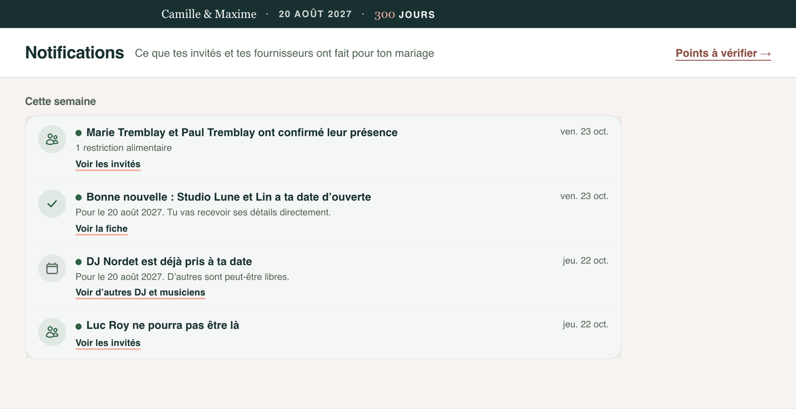 Page Notifications : deux invités ont confirmé leur présence, un photographe a la date d'ouverte, un DJ est déjà pris et un invité ne pourra pas être là.