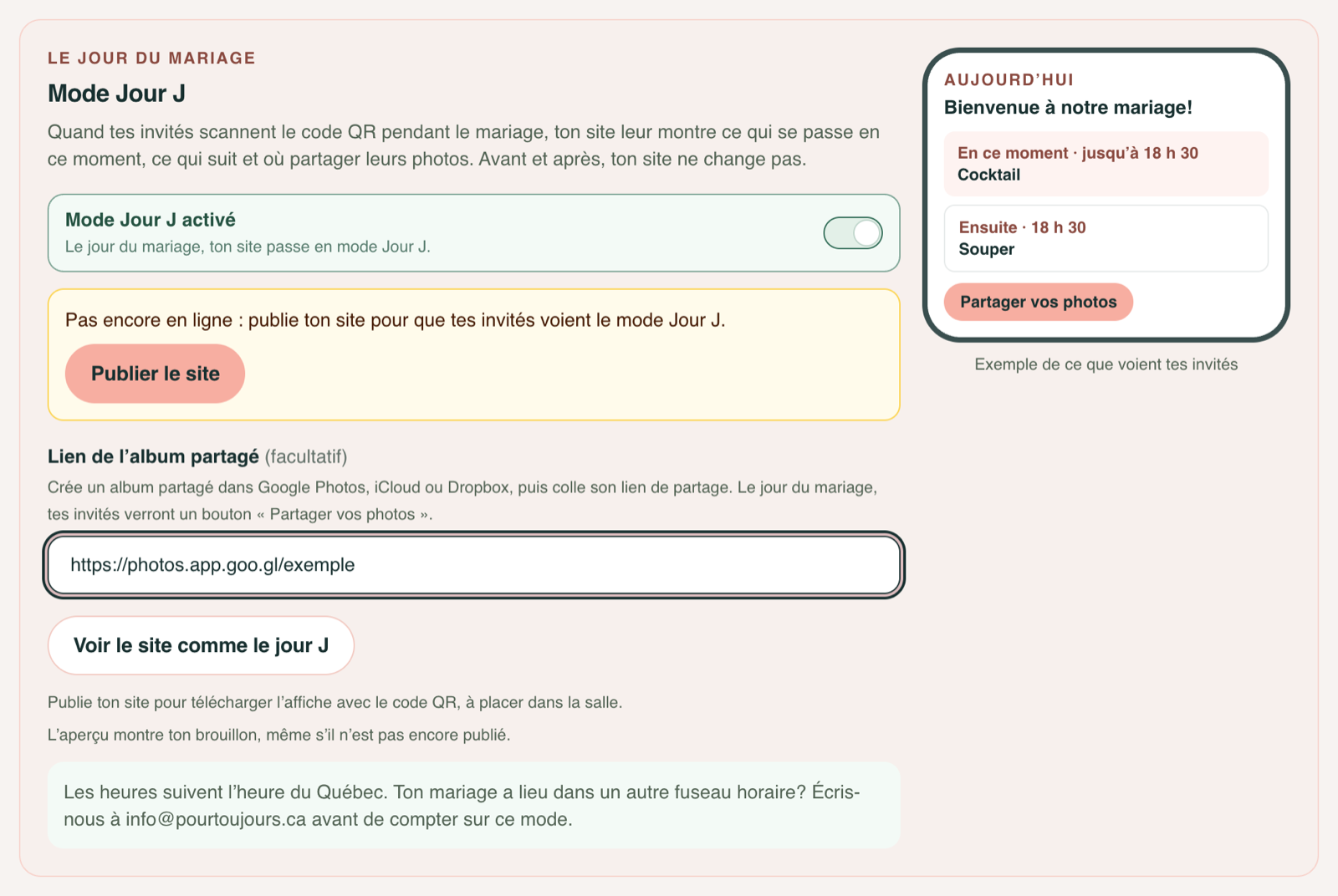 Étape Jour J de l'éditeur de site : le mode Jour J activé, le rappel de publier le site, le lien de l'album partagé, le bouton Voir le site comme le jour J et un exemple de ce que voient les invités.